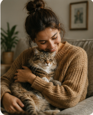 Holding a cat on the sofa