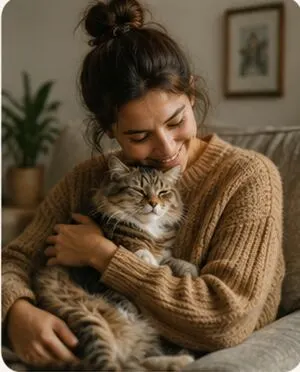 Holding a cat on the sofa