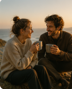 A couple with coffee by the sea