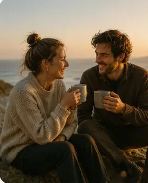 A couple with coffee by the sea