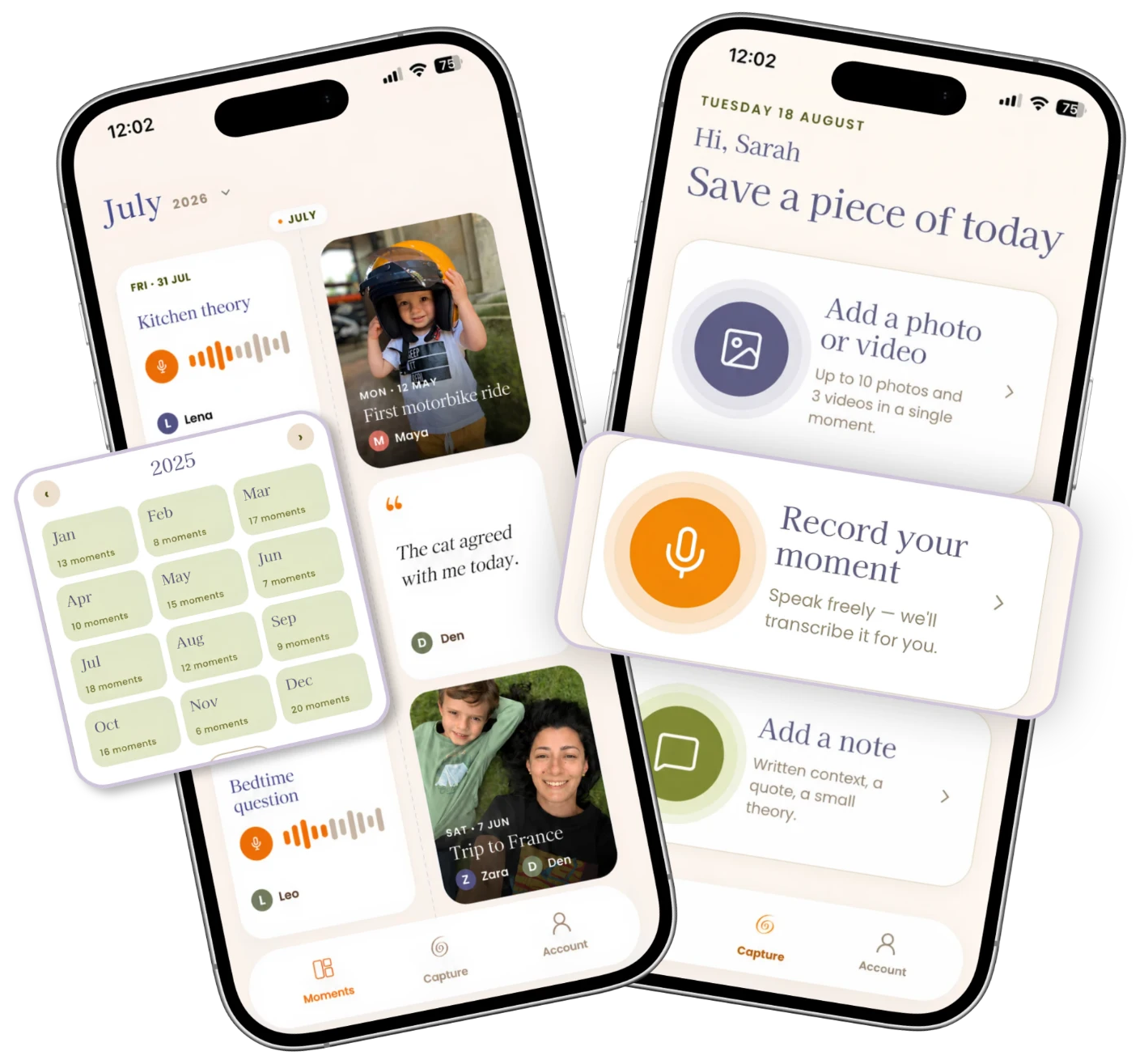 Two phones showing the Dear Moment timeline and capture screens