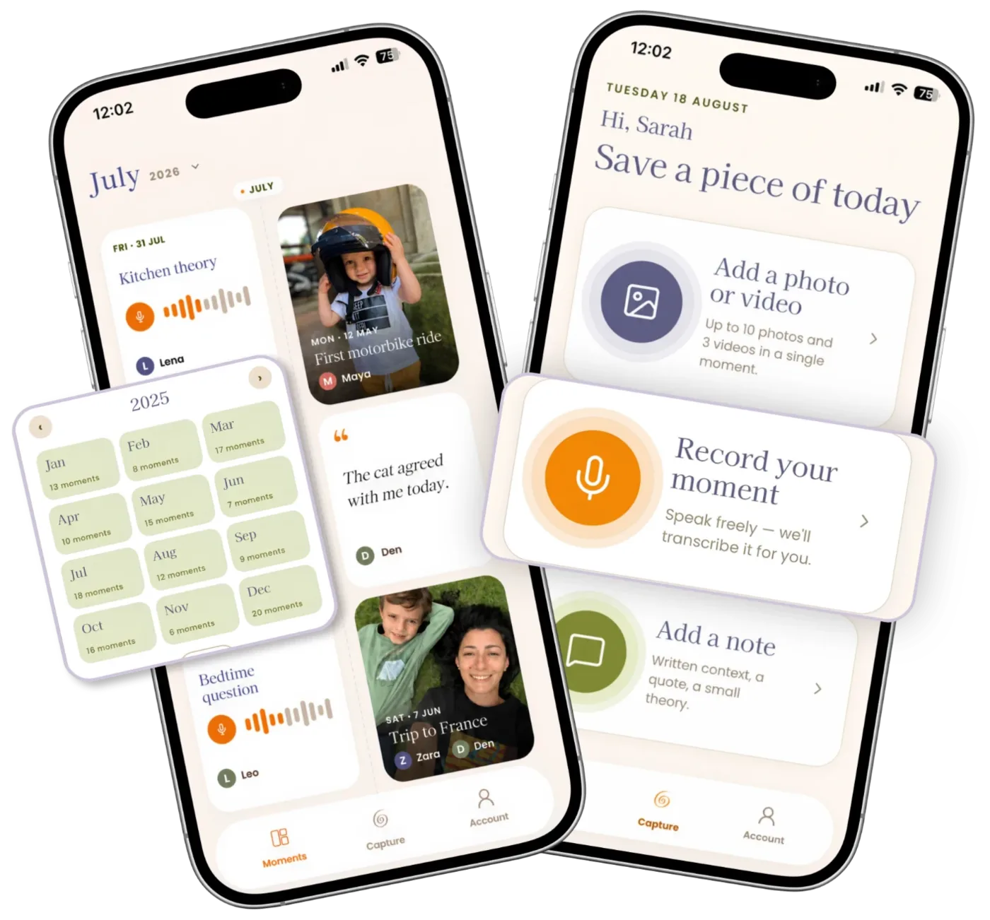 Dear Moment on iPhone: a timeline of family moments with photos, quotes and voice notes, and the capture screen for adding a photo, voice recording or note