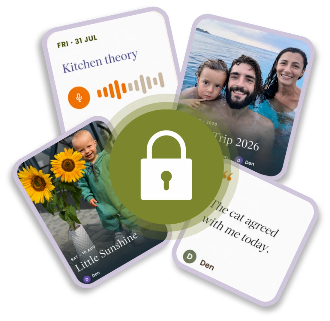 Family memory cards locked behind a private, breathing padlock
