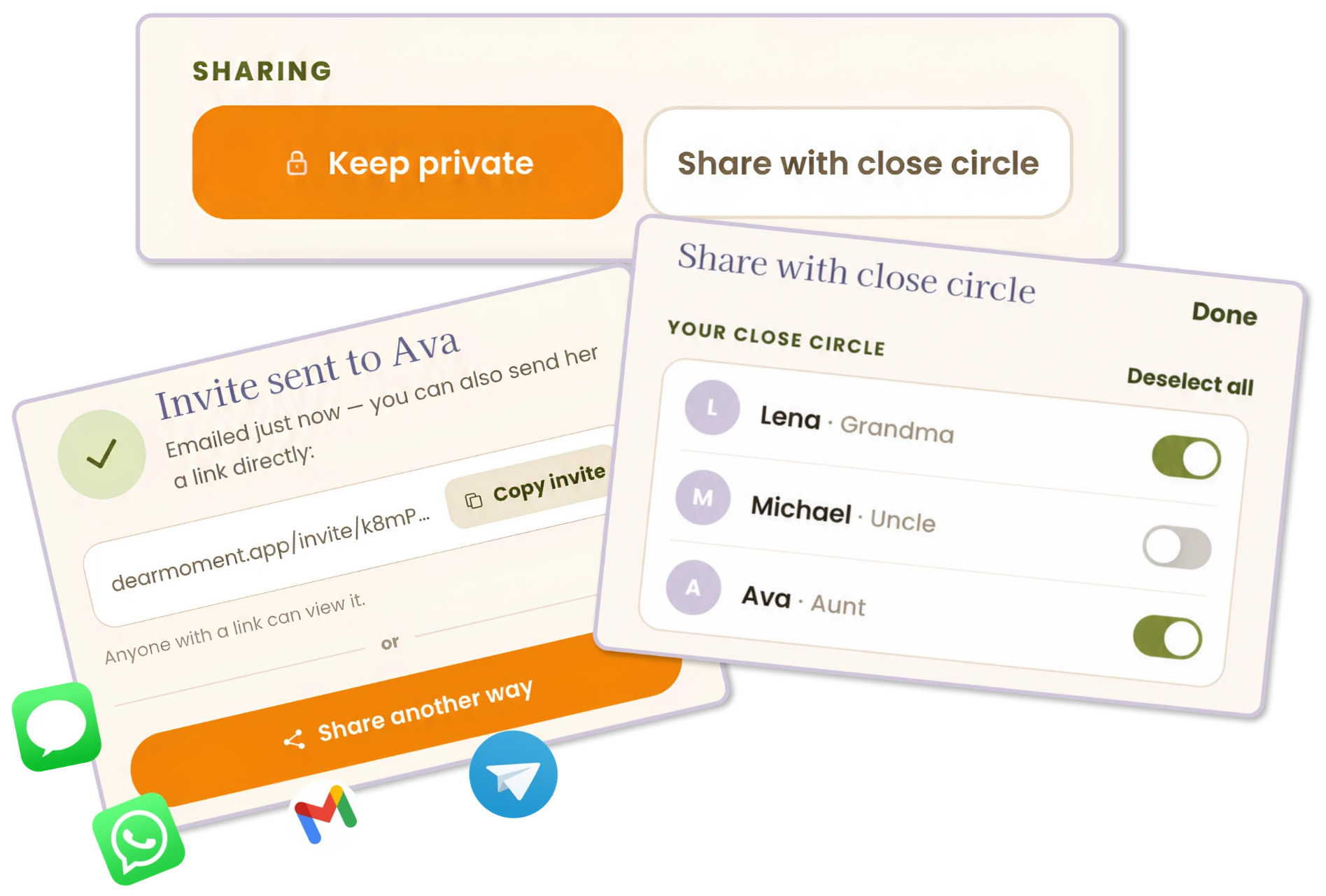 Sharing settings and invite screens for a close circle
