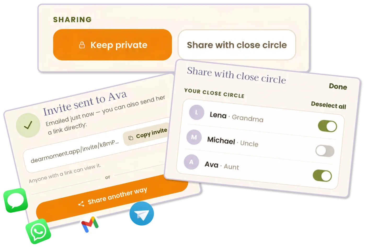 Sharing settings and invite screens for a close circle